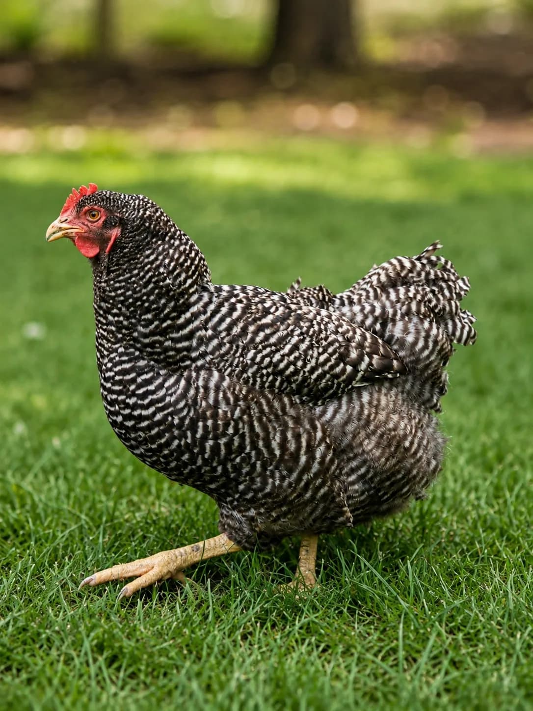 Abigail, a Barred Plymouth Rock hen, founder flock breeding hen at Shaggy Ink Farms.