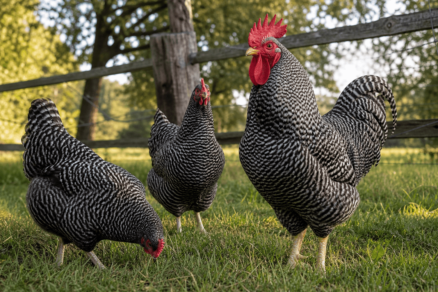 Plymouth Barred Rock rooster and hens foraging near rustic fencing in pasture grass
