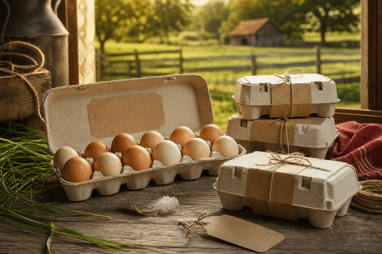Farm fresh eggs in cream cartons on a rustic workbench with pasture visible beyond