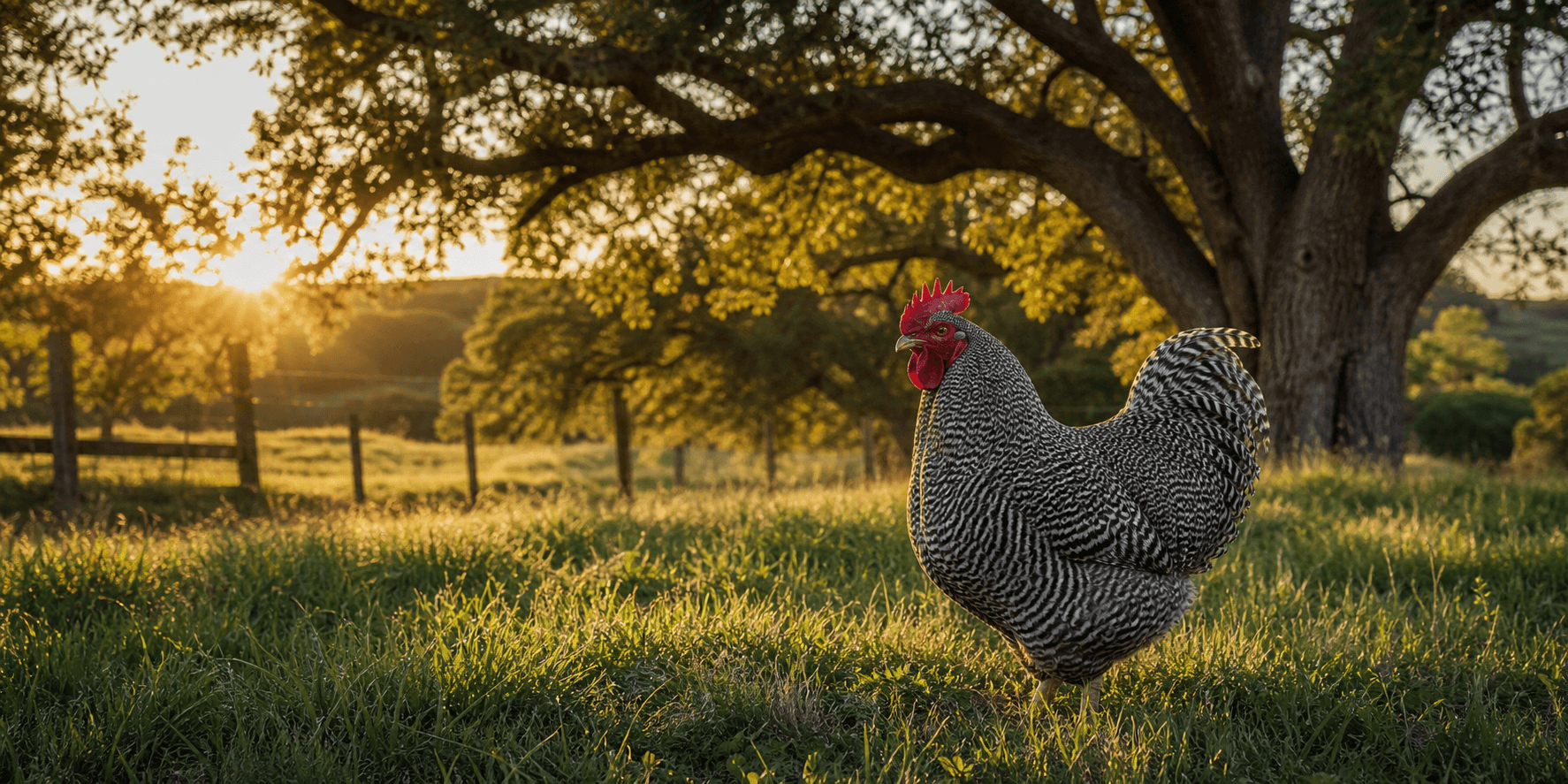 Plymouth Barred Rock rooster standing in golden-hour oak pasture at a Northern California homestead