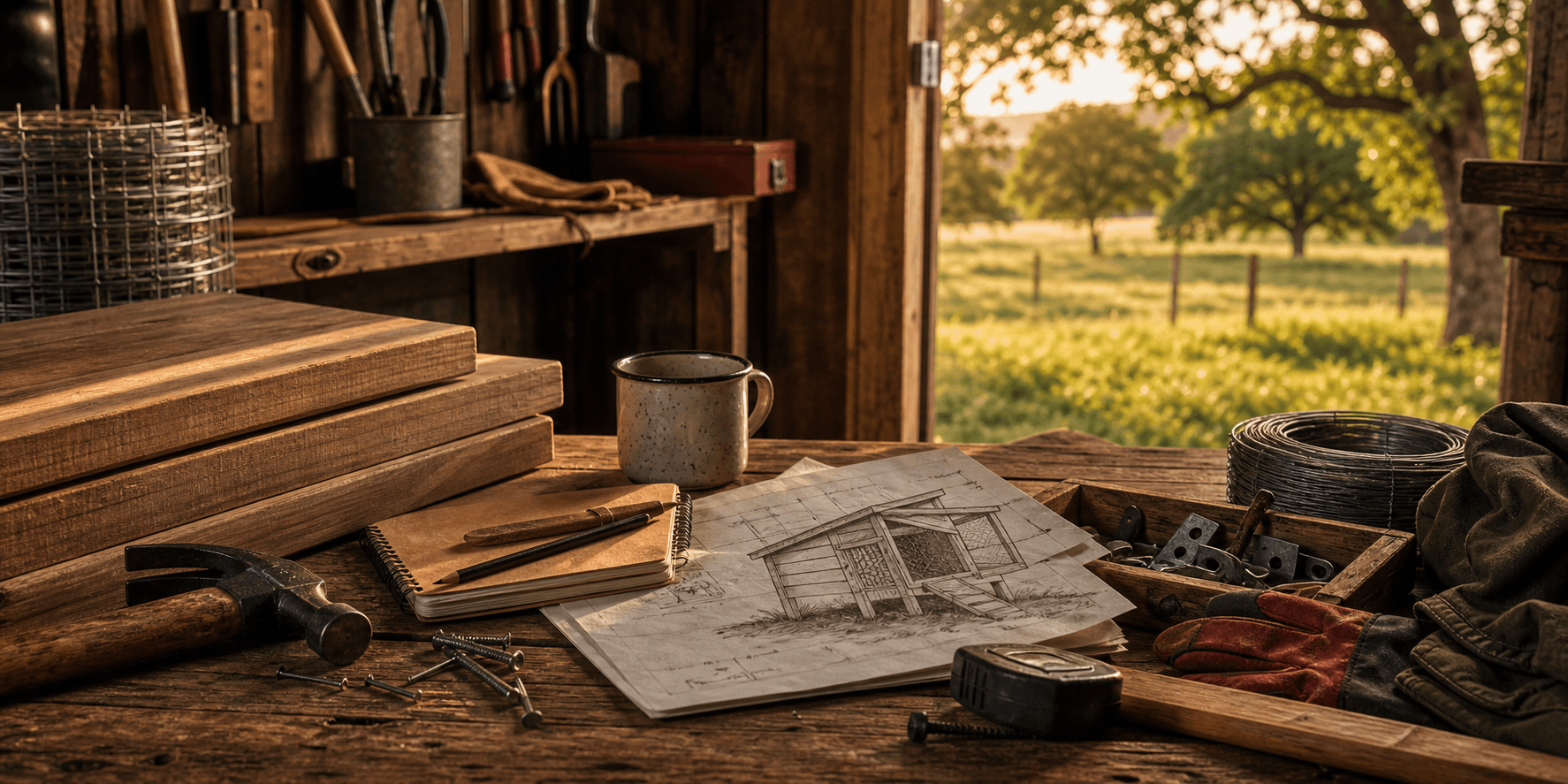 Homestead workbench with lumber, hand tools, fence wire, and chicken coop plans in warm oak pasture light